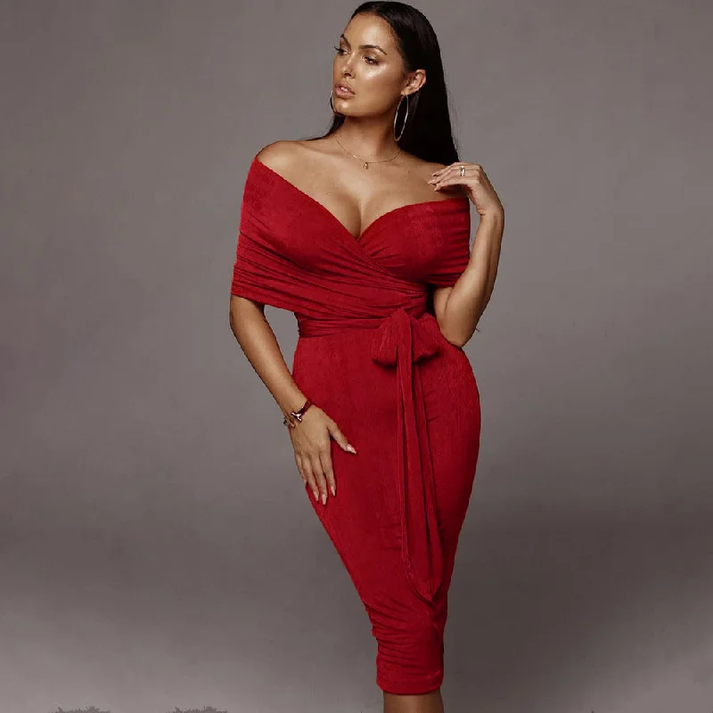 Bargain Bin Off Shoulder Belt High Waist Bodycon Dress