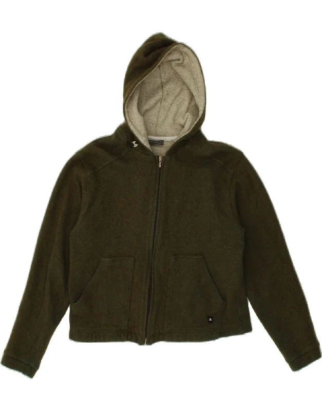 Can't Be Beat CHAMPION Womens Crop Hooded Cardigan Sweater UK 14 Large Khaki Wool