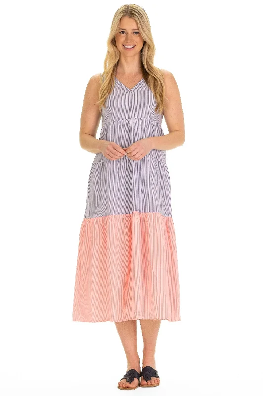 Final Clearance The Kalina Dress in Neon Coral & Blue Seersucker