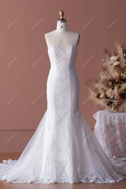 Deal Mania Strapless Lace Mermaid Wedding Dress with Long Train