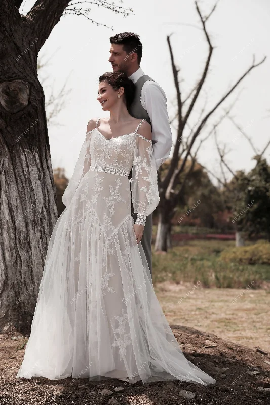 Epic Deals Off Shoulder Straps Boho Lace Tulle Wedding Dress