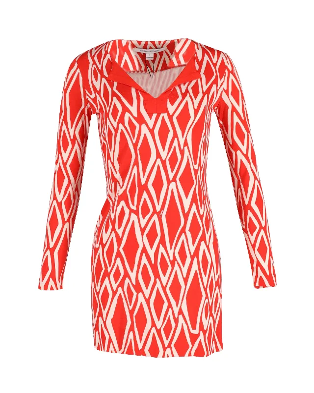 Incredible Offers Diane Von Furstenberg Printed Mini Dress in Coral Red Silk