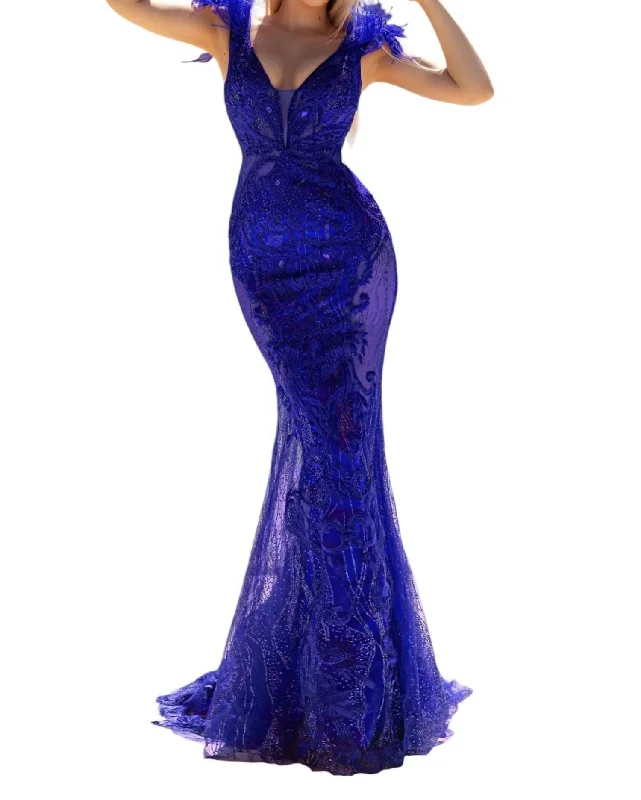 Price Slash Feather Straps Embroidered Illusion Dress In Cobalt