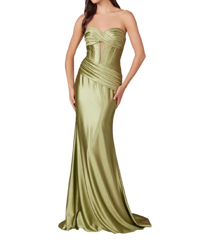 Crazy Deals Satin Fitted Strapless Corset Gown In Sage/green