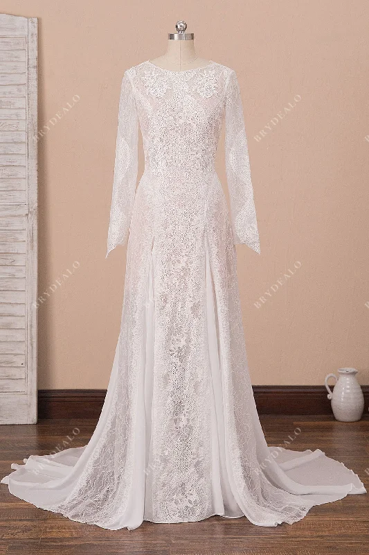 Clearance Sale Sheer Lace Chiffon Long Sleeve Boho Wedding Dress