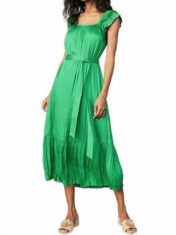 Season Finale Sale Crinkled Ruffled Shoulder Midi Dress In Emerald Green