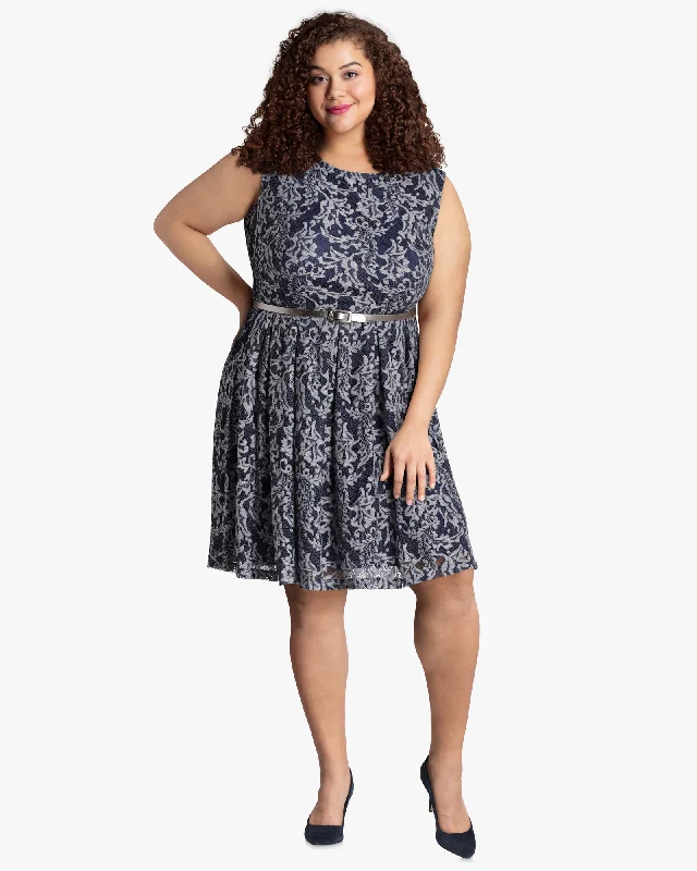 Limited Availability Waldorf Belted Lace Dress | Navy / Light Grey