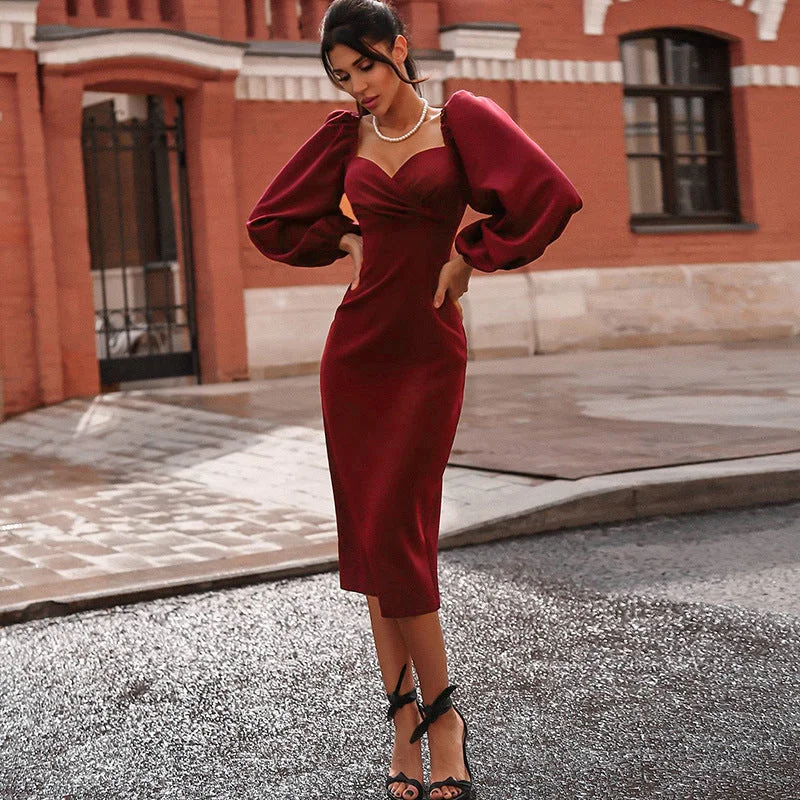Discount Deals Puff Sleeve Plain Slit Bodycon Corset Dress