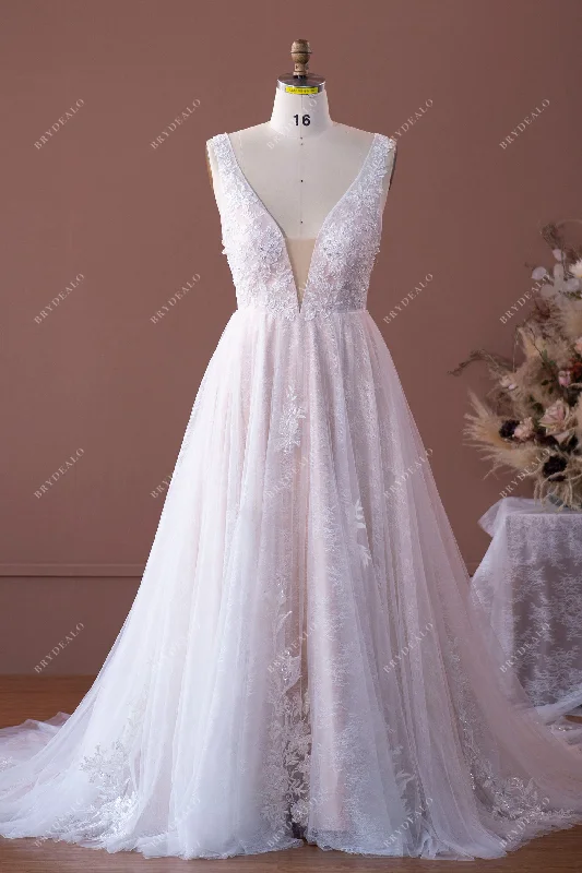 Overstock Beaded Floral Lace Plunging A-line Wedding Dress