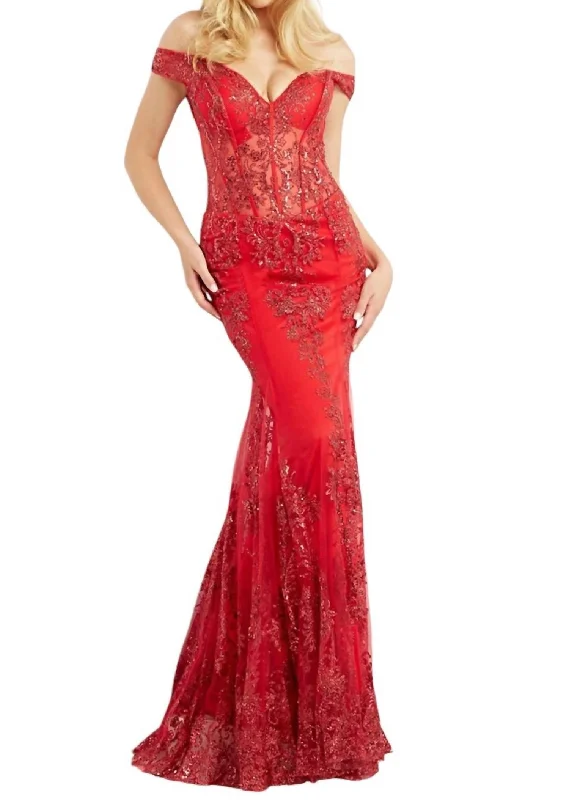 Massive Deals Beaded Off Shoulder Embellished Mermaid Gown In Red