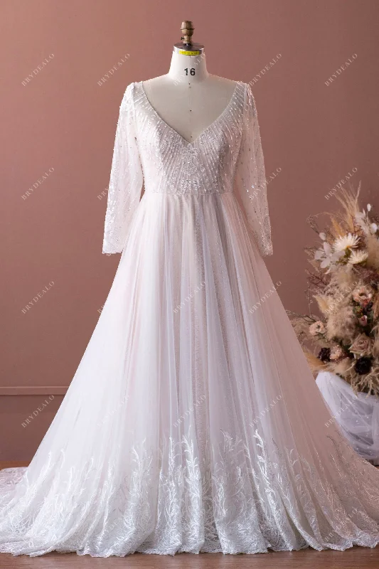Weekend Deal Wholesale Plus Size Sleeved V-neck Lace Wedding Ballgown