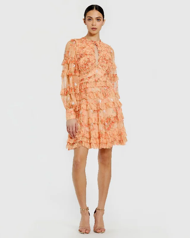 Special Price Orange Key Hole Detail Long Sleeve Dress