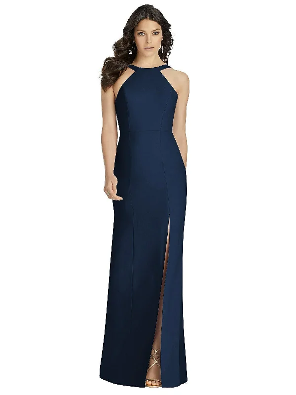Savings Bonanza High-Neck Backless Crepe Trumpet Gown