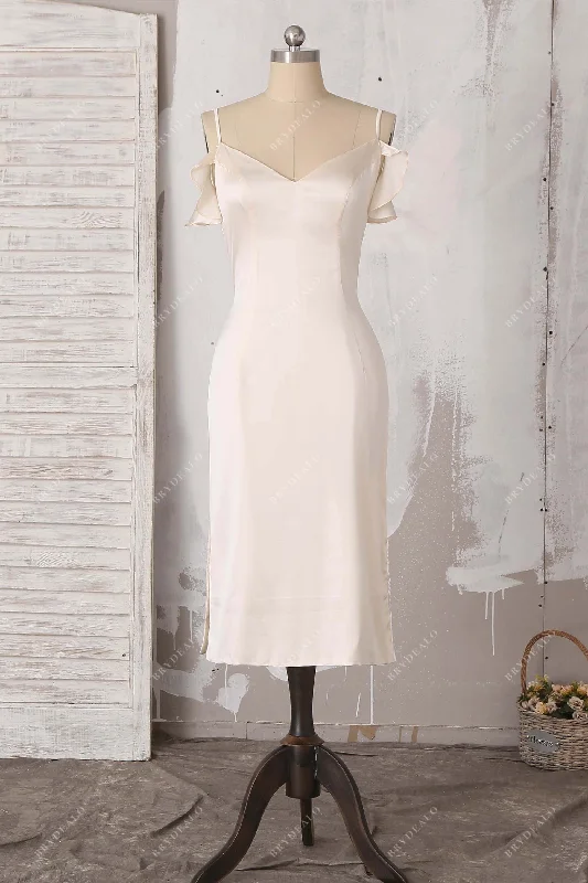 Online Only Champagne Silk Ruffled Cold Shoulder Bridal Evening Dress