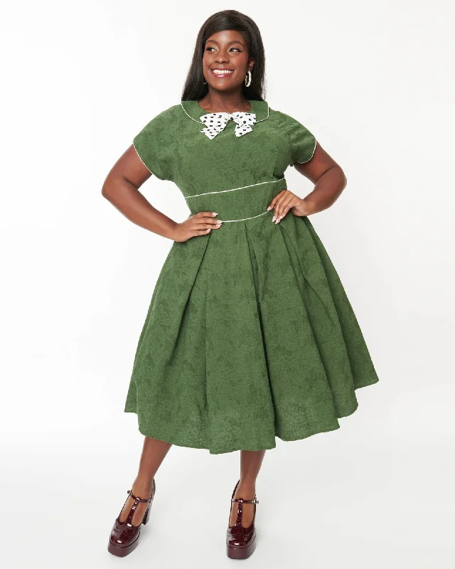 Online Only Unique Vintage Green & Ivory Black Dot Swing Dress | Green/Ivory Black Dot