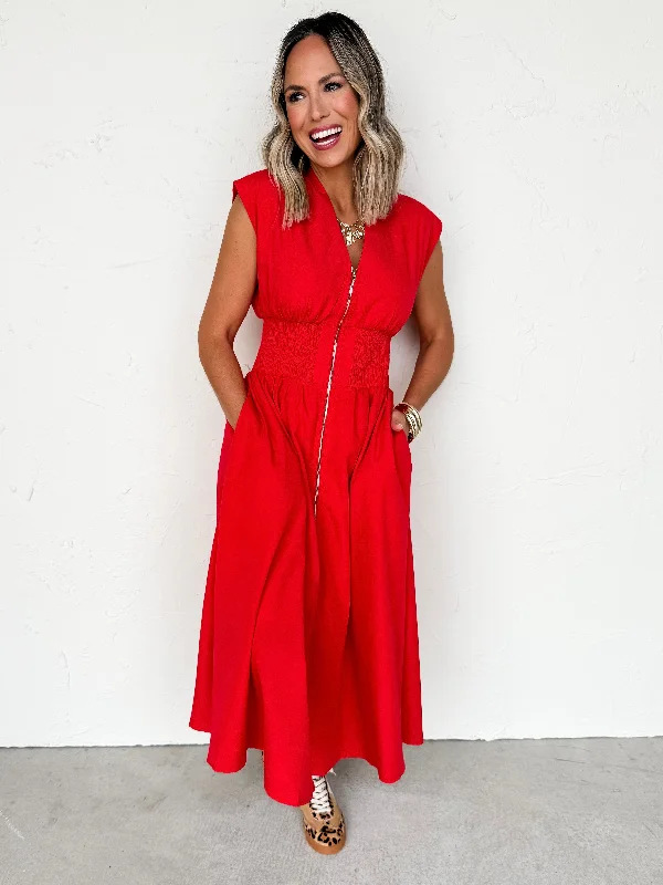 Price Cut Think Positive Thoughts V Neck Midi Dress-Red