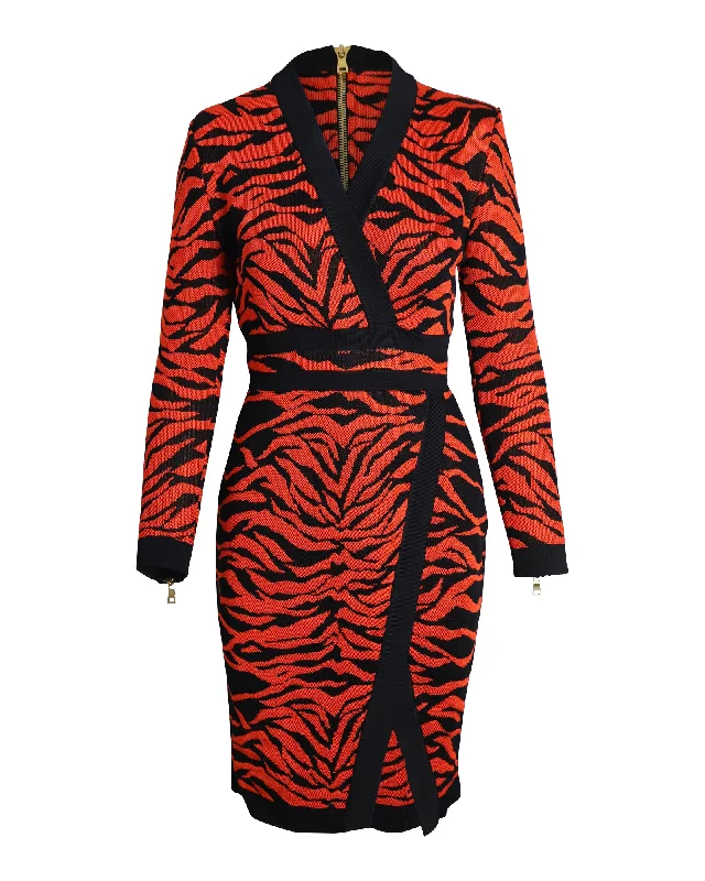 Last Chance Balmain Wrap-Effect Printed Knit Dress in Orange Viscose
