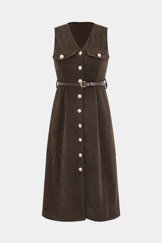 Early Bird Discount Button V-Neck Belted Long Sleeve Corduroy Maxi Dress