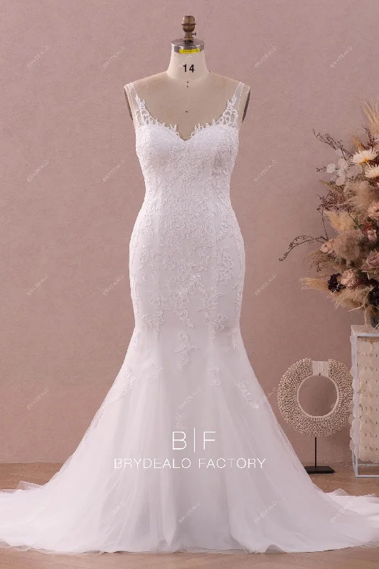 Daily Specials Straps V-neck Lace Tulle Mermaid Long Wedding Dress