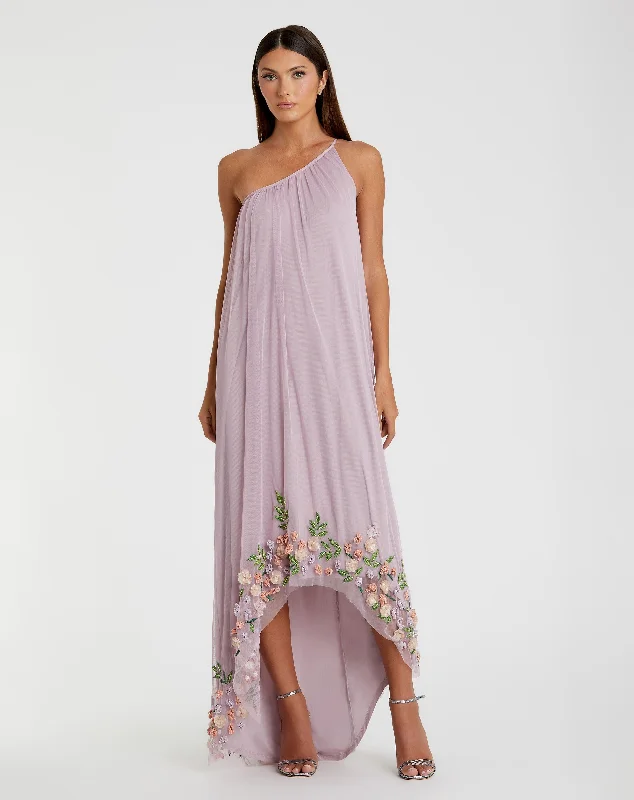 Exclusive Deal Purple One Shoulder Trapeze Embellished High Low Gown