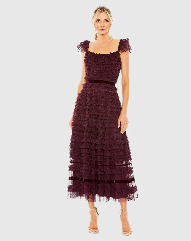 Limited Edition Purple Ruffle Cap Sleeve Tiered Midi Dress