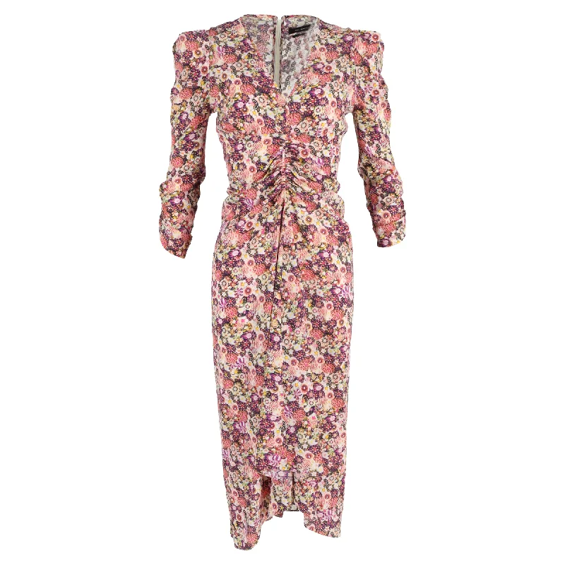 One-DAY Sale Isabel Marant Midi Albini Floral Printed Ruched Dress in Multicolor Silk