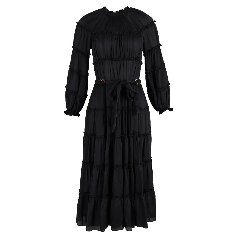 Don't Wait Zimmermann Tiered Midi Dress in Black Silk