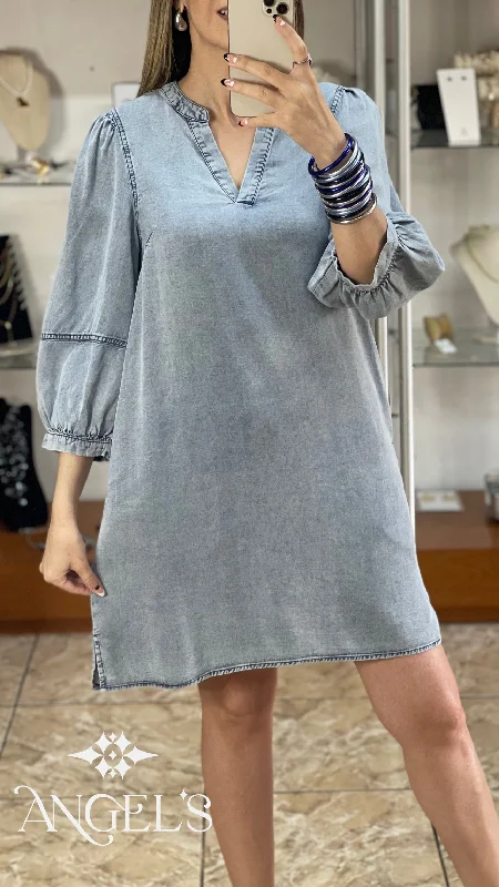 Don't Miss Washed Denim 3/4 Sleeve Dress