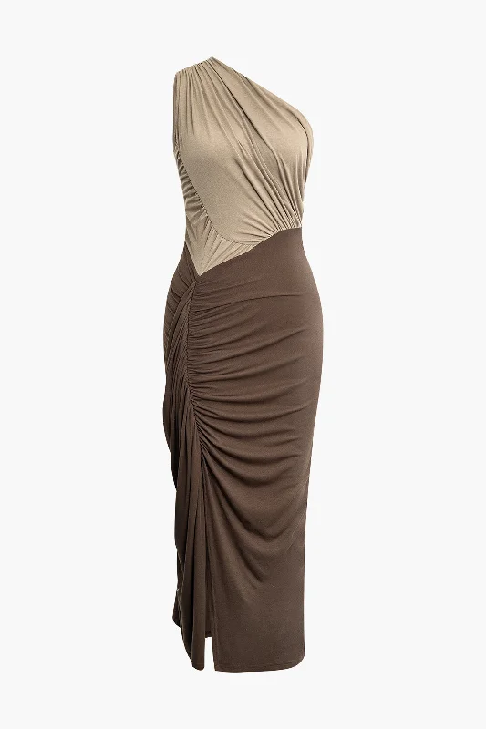 Today's Special One Shouder Patchwork Ruched Slit Maxi Dress
