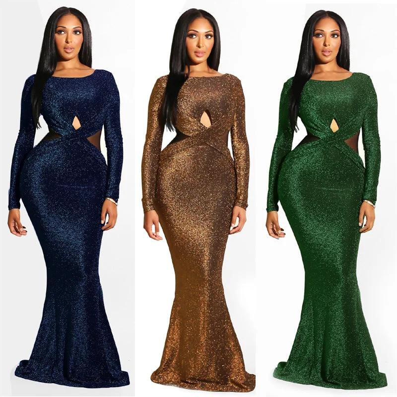 Special Savings Sequin Cutout Backless Bodycon Long Sleeve Maxi Dress