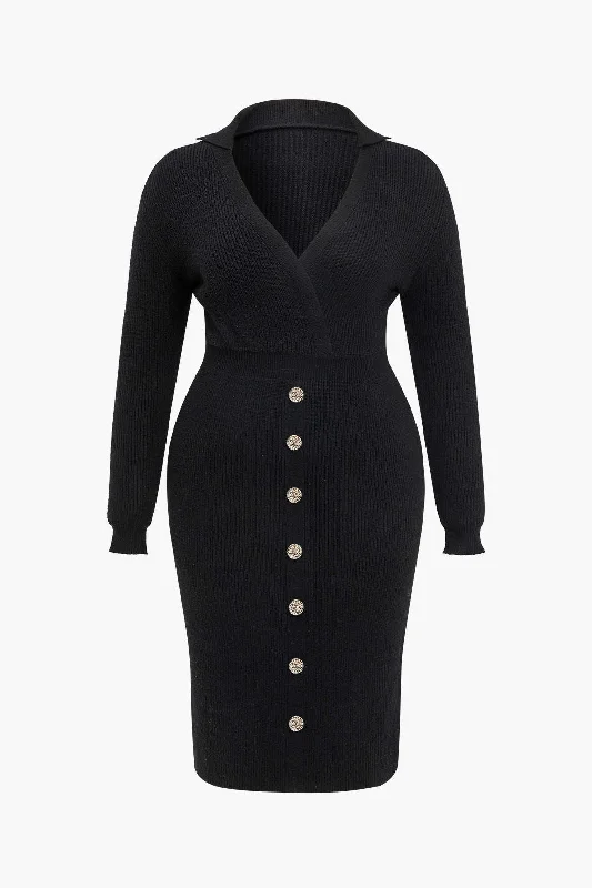 Doorbuster Deal Plus Size Solid Sweater Crossed Button Dress