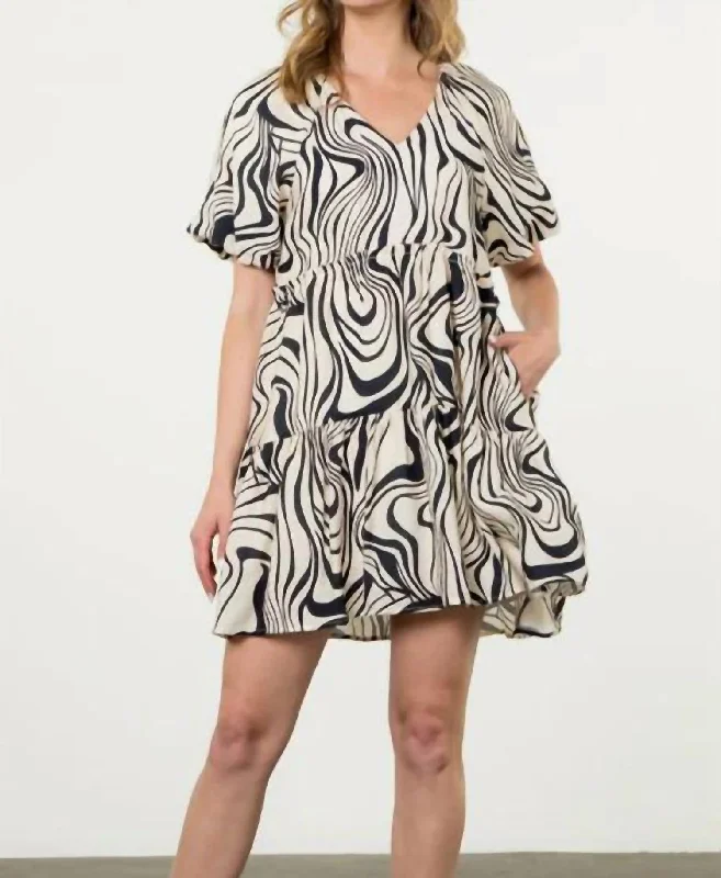 Act Fast Puff Sleeve Print Midi Dress In Cream