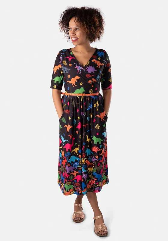 Price Cut Reptar Dinosaur Border Print Midi Dress