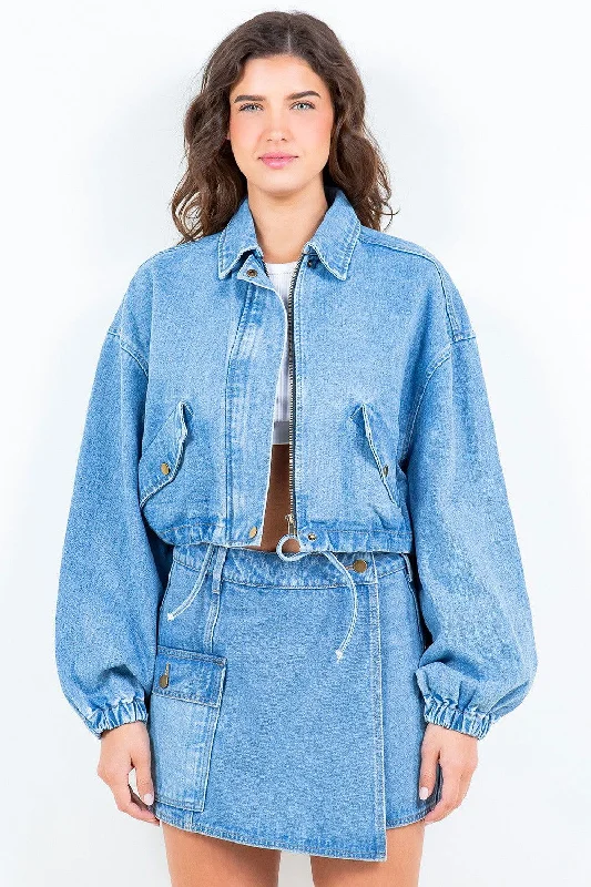 Super Sale American Bazi Drawstring Waist Crop Denim Jacket