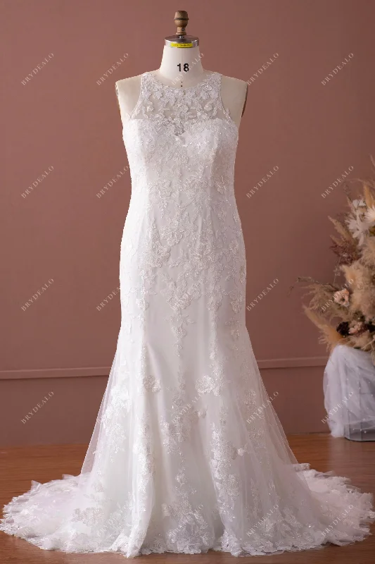 Hot Deal Illusion Halter Sequin Lace Mermaid Plus Size Wedding Dress