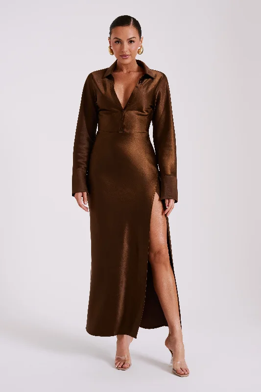 Today’s Deal Whitley Satin Collared Maxi Dress - Dark Brown