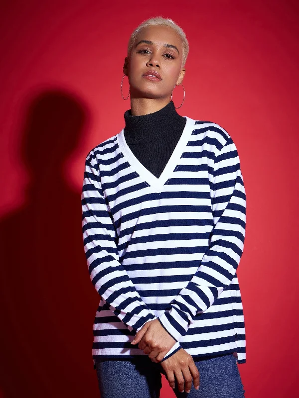 Seasonal Sale Women Navy & White Striped Sweater