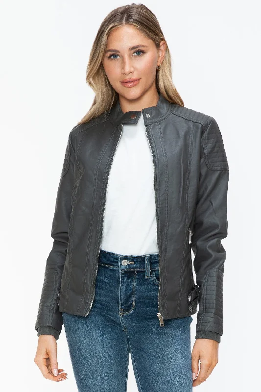 Buy More, Save More Snobbish Faux Leather Biker Jacket with Side Zip Pockets In Charcoal