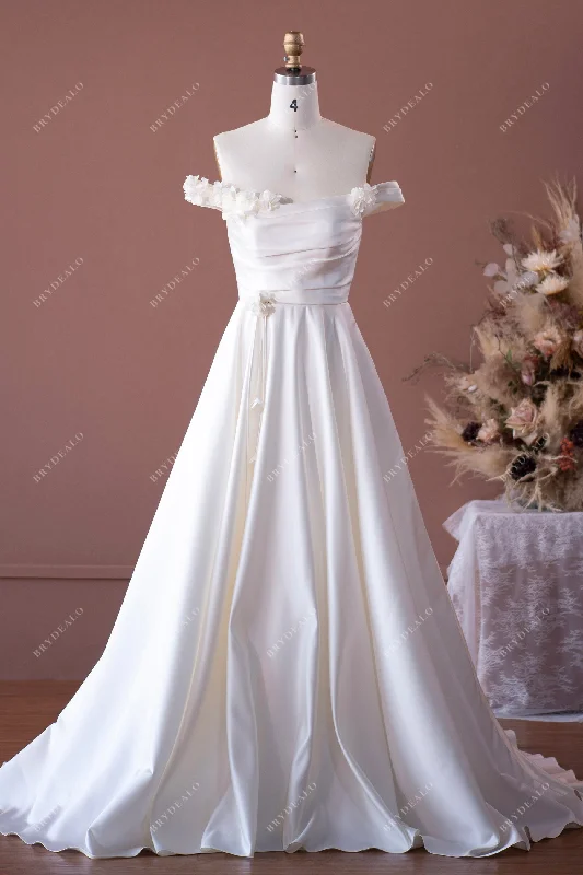 Mega Sale Off-shoulder Flower Pleated Satin A-line Wedding Dress