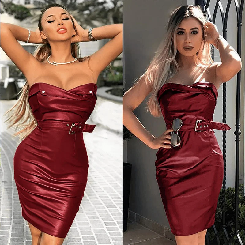 Mega Sale PU Strapless Belt Bodycon Empire Waist Dress