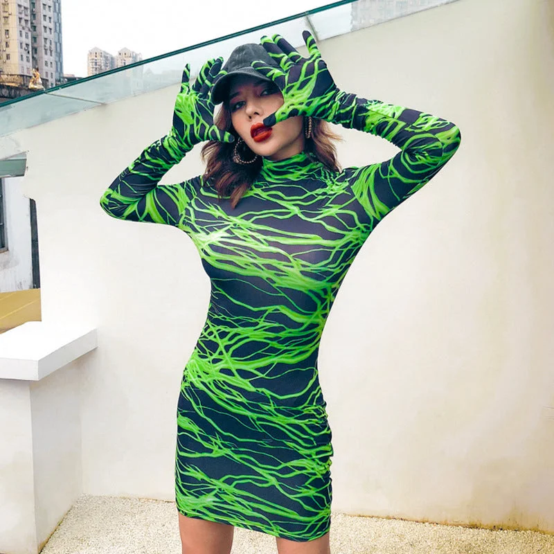 Sneak Peek Sale Party Green Print With Gloves Bodycon Long Sleeve Dress