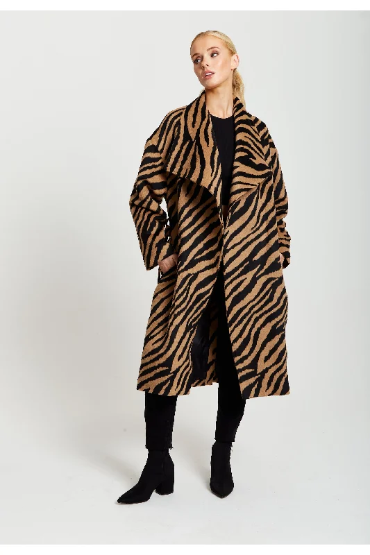 Online Only Liquorish Zebra Print Longline Coat In Brown And Black