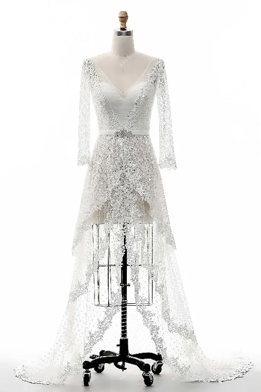 Online Specials Illusion V-neck Appliqued Slit Bridal Shower Dress