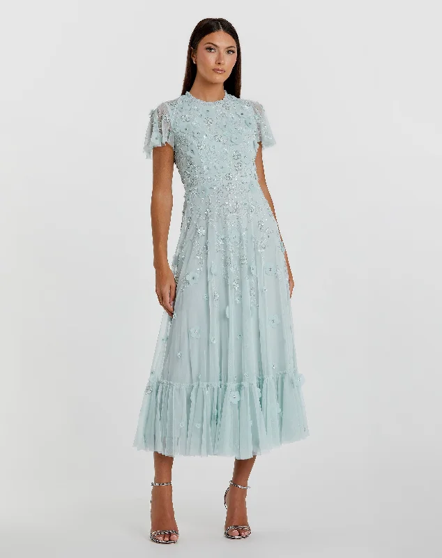 Weekend Deal Blue Embellished High Neck Cap Sleeve A Line Dress