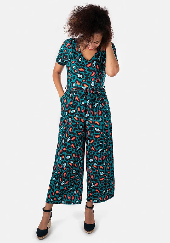Huge Discounts Eadie Teal Animal Print Culotte Jumpsuit