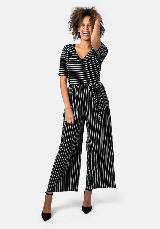 Discount Deals Dulcie Black & Ecru Stripe Culotte Leg Jumpsuit