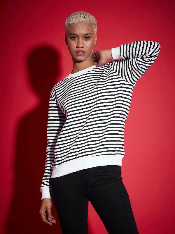 Members Only Women Black & White Striped Fleece Sweatshirt