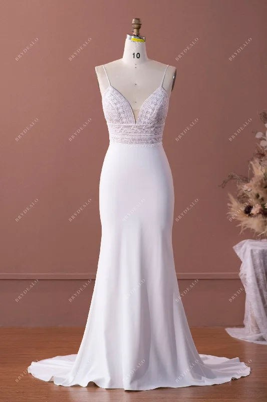 Deal Zone Simple Plunging Lace Crepe Mermaid Wedding Dress