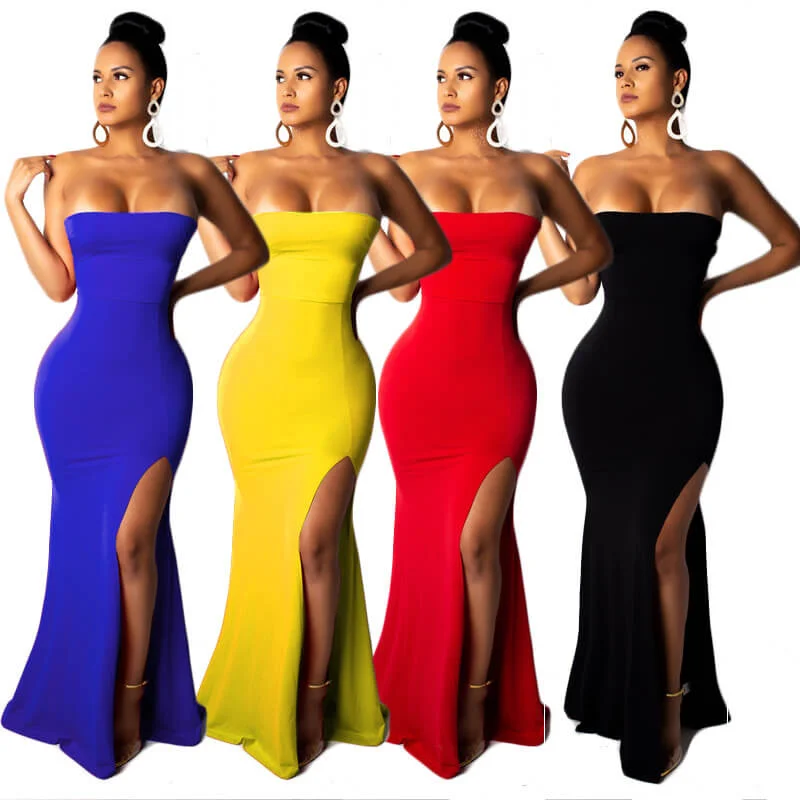 Extra Discounts Strapless Slit Backless Bandage Bodycon Ruffle Maxi Dress
