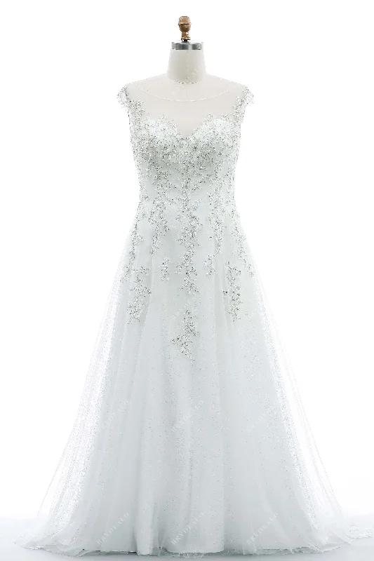 Crazy Savings Dazzled Plus Size Illusion Neck Wedding Dress